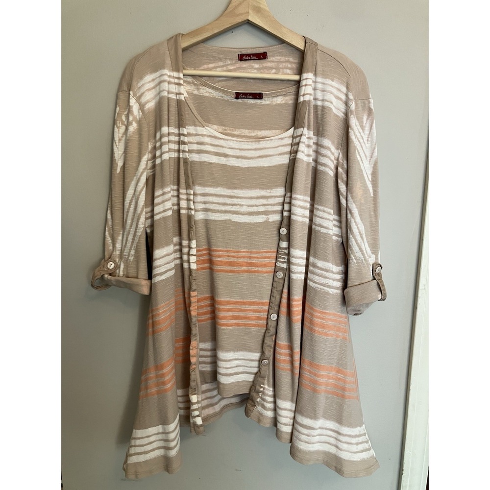 Barbara Lesser Tie Dye Top Cardigan Set Peach Beige Cotton Made USA Size L